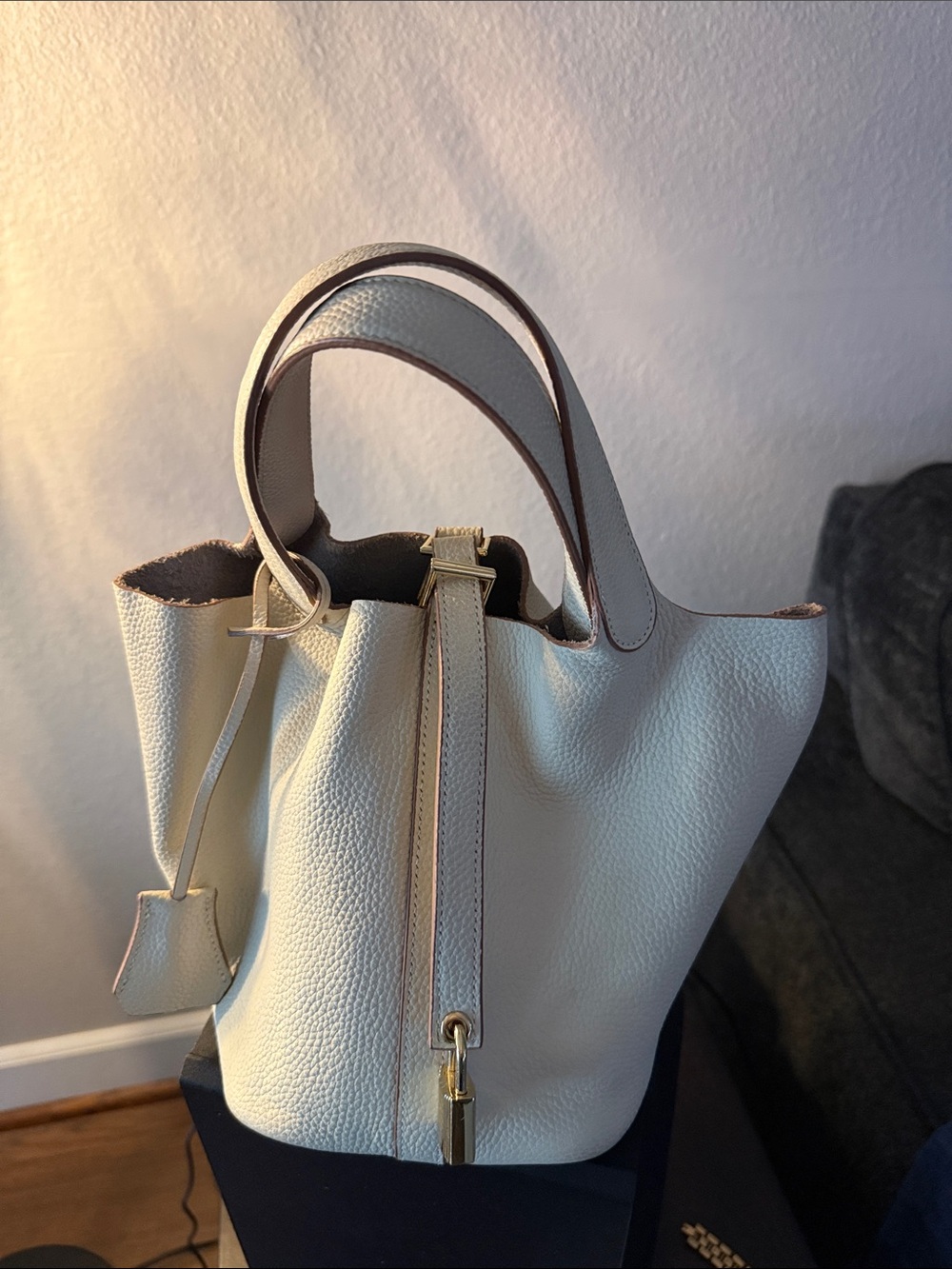 Classic Pebbled Leather Tote Bag in Cream